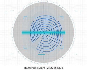 Um sistema digital de digitalização de impressões digitais mostra um padrão em espiral em um plano de fundo de grade. O gráfico representa a tecnologia de identificação biométrica em um ambiente moderno.