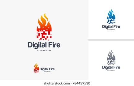 Digital Fire logo designs concept, Pixel Fire logo designs template, Flame logo designs symbol