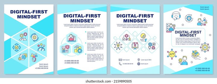 Digital first mindset brochure template. Business strategy. Leaflet design with linear icons. 4 vector layouts for presentation, annual reports. Arial-Black, Myriad Pro-Regular fonts used
