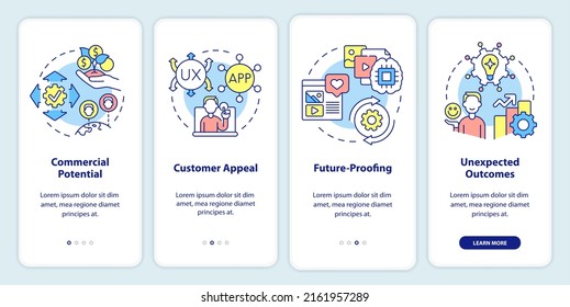Importancia digital de primer pensamiento en la pantalla de aplicaciones móviles. Recorrido 4 pasos de páginas de instrucciones gráficas con conceptos lineales. UI, UX, plantilla GUI. Multitud de tipos de letra Pro-Bold, con uso regular