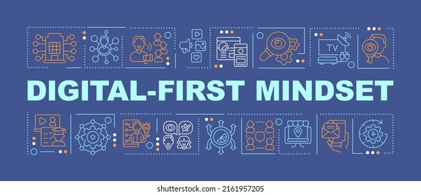 Digital first mindset word concepts dark blue banner. Electronic commerce. Infographics with icons on color background. Isolated typography. Vector illustration with text. Arial-Black font used