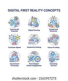 Digital First Reality Concept Icons Set. Electronic Commerce. Business Transformation Idea Thin Line Color Illustrations. Isolated Symbols. Editable Stroke. Roboto-Medium, Myriad Pro-Bold Fonts Used