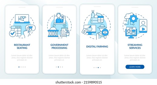 Digital first services blue onboarding mobile app screen. Ecommerce walkthrough 4 steps graphic instructions pages with linear concepts. UI, UX, GUI template. Myriad Pro-Bold, Regular fonts used