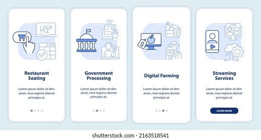 Digital first services light blue onboarding mobile app screen. Ecommerce walkthrough 4 steps graphic instructions pages with linear concepts. UI, UX, GUI template. Myriad Pro-Bold, Regular fonts used