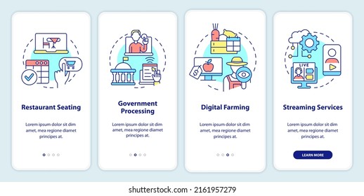 Digital first services onboarding mobile app screen. Ecommerce walkthrough 4 steps graphic instructions pages with linear concepts. UI, UX, GUI template. Myriad Pro-Bold, Regular fonts used