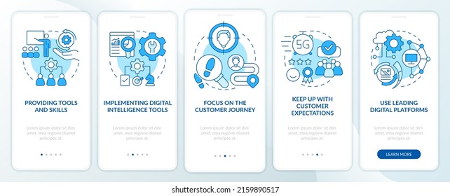 Digital first strategy blue onboarding mobile app screen. Ecommerce walkthrough 5 steps graphic instructions pages with linear concepts. UI, UX, GUI template. Myriad Pro-Bold, Regular fonts used