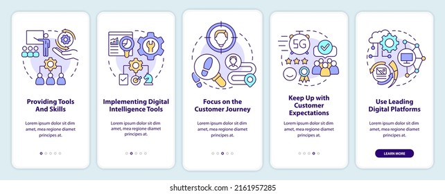 Digital first strategy onboarding mobile app screen. Electronic commerce walkthrough 5 steps graphic instructions pages with linear concepts. UI, UX, GUI template. Myriad Pro-Bold, Regular fonts used