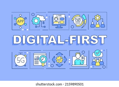 Digital First Word Concepts Blue Banner. Business And Marketing. Infographics With Icons On Color Background. Isolated Typography. Vector Illustration With Text. Arial-Black Font Used