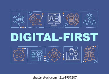 Digital First Word Concepts Dark Blue Banner. Business And Marketing. Infographics With Icons On Color Background. Isolated Typography. Vector Illustration With Text. Arial-Black Font Used