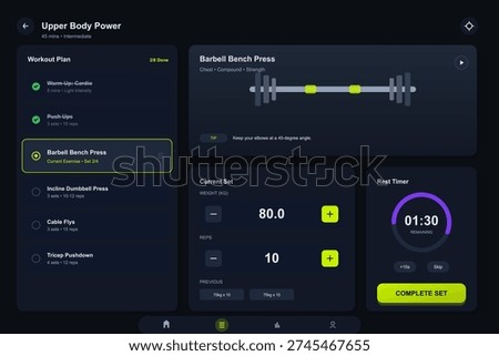 A digital fitness application interface displays an upper body workout plan featuring a barbell bench press exercise with weight and rep tracking alongside a rest timer on a dark screen.