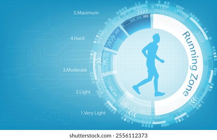 Digital fitness interface featuring a running silhouette with performance metrics on a blue tech-themed background.