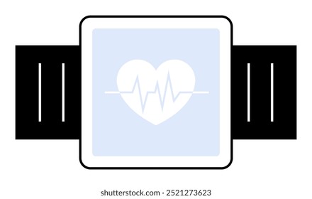 Un rastreador digital de actividad física con un ícono de latidos cardíacos y una onda de pulso en una pantalla azul, conectado a una pulsera negra. Ideal para el monitoreo de la salud, seguimiento de la aptitud, tecnología portátil, rutina de ejercicios, corazón