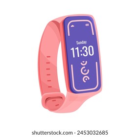 Digital fitness tracker with time and date display on a pink strap. Vector illustration of wearable technology. Health monitoring and fitness concept.