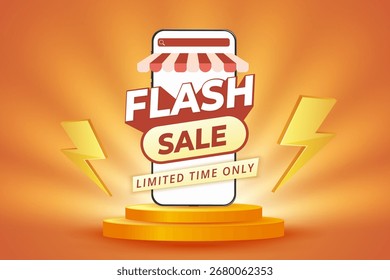 A digital flash sale Vector illustration with a smartphone featuring promotional elements and a vibrant background designed for marketing.