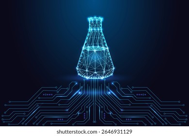 A digital flask above a circuit board in glowing wireframe style on dark blue background. Symbol of scientific innovation, biotech, and digital research. Vector illustration.