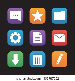 Digital flat design icons set. Mobile application user interface. Chat bubble, rating star, new document and folder symbols. File manager app buttons. Email letter and download arrow. Vector ui