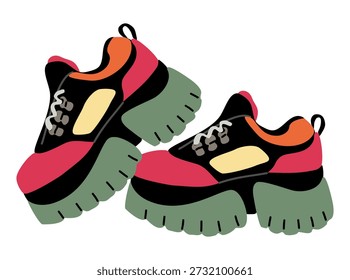 Digital flat illustration of chunky retro 90s platform sneakers with bold colors and thick textured sole on white background, modern fashion design