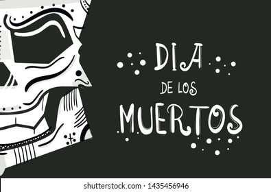 digital flat illustration with a half of stylized skull on the one side and a text dedicated to the Day of the Dead on the other one.