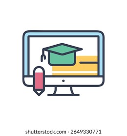 Representação em estilo plano digital de um teto de graduação em livros dentro de um monitor de computador, completo com um ícone de lápis.