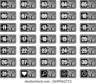 Digital flip-style 1-31 days countdown icon set, perfect for event reminder, digital calendar or modern app UI.