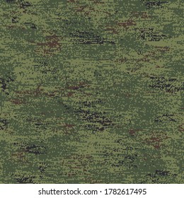 Digital flora. Camouflage seamless pattern incorporating tiny pixels of black, brown and foliage green on a pale green background.