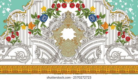 Digital Floral brocade designs featuring intricate floral arrangements for textiles, wallpapers, and gift wraps.