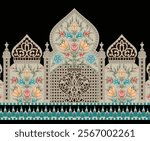 Digital floral motif borders combining ethnic paisley elements with intricate detailing for elegant textiles, wallpapers, gift wraps, and backgrounds.