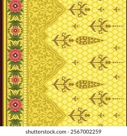 Digital floral motif borders combining ethnic paisley elements with intricate detailing for elegant textiles, wallpapers, gift wraps, and backgrounds.