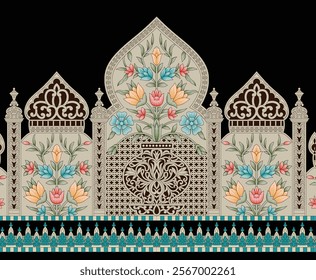 Digital floral motif borders combining ethnic paisley elements with intricate detailing for elegant textiles, wallpapers, gift wraps, and backgrounds.