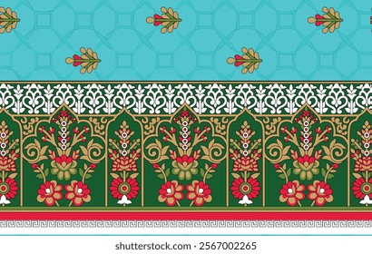 Digital floral motif borders combining ethnic paisley elements with intricate detailing for elegant textiles, wallpapers, gift wraps, and backgrounds.