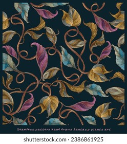Digital floral seamless pattern , fantasy flowers and fruits Hand painted green leaf, pastel blossom, fruit with abstact shapes ,illustration for design, print, scrapbook paper