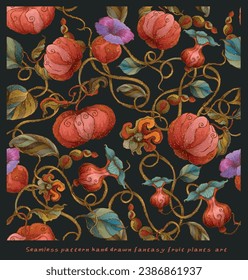 Digitales, nahtloses Muster, Fantasy-Blumen und Früchte Handgemalte grüne Blätter, pastellfarbene Blüten, Früchte mit abstrakten Formen, Illustration für Design, Druck, Scrapie-Papier