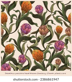 Digital floral seamless pattern , fantasy flowers and fruits Hand painted green leaf, pastel blossom, fruit with abstact shapes ,illustration for design, print, scrapbook paper