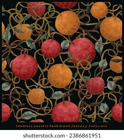 Digital floral seamless pattern , fantasy flowers and fruits Hand painted green leaf, pastel blossom, fruit with abstact shapes ,illustration for design, print, scrapbook paper