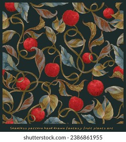 Digital floral seamless pattern , fantasy flowers and fruits Hand painted green leaf, pastel blossom, fruit with abstact shapes ,illustration for design, print, scrapbook paper