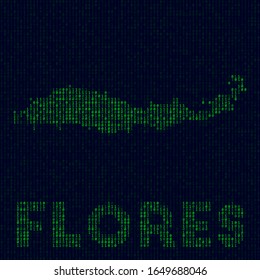 Digital Flores logo. Island symbol in hacker style. Binary code map of Flores with island name. Powerful vector illustration.