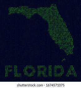 Logo de la Florida Digital. Símbolo de estado de EE.UU. al estilo de hacker. Mapa de código binario de Florida con el nombre de estado de EE.UU. Ilustración vectorial con clase.