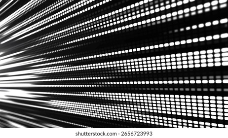Digital flow. Dynamics of light and energy of pixels. The illustration shows a bright LED panel, where black and white stripes create the effect of movement and energy. Vector illustration.