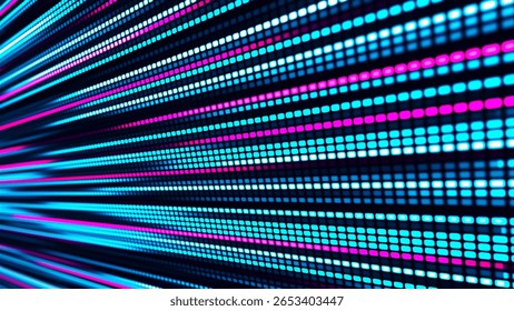Fluxo digital. Dinâmica da luz e energia dos pixels. A ilustração mostra um painel de LED brilhante onde listras multicoloridas brilhantes criam o efeito de movimento e energia. Ilustração vetorial.