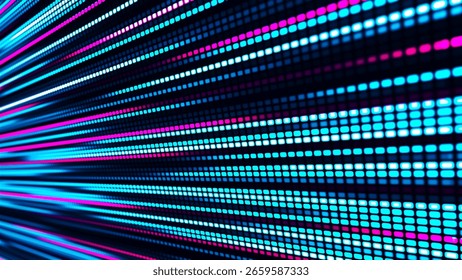 Fluxo digital. Dinâmica da luz e energia dos pixels. A ilustração mostra um painel de LED brilhante onde listras multicoloridas brilhantes criam o efeito de movimento e energia. Ilustração vetorial.