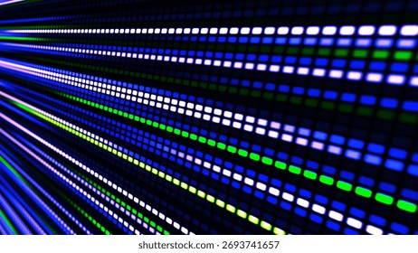 Fluxo digital. Dinâmica da luz e energia dos pixels. A ilustração mostra um painel de LED brilhante onde listras multicoloridas brilhantes criam o efeito de movimento e energia. Ilustração vetorial.