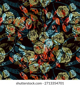 Digital flower abstract design featuring vibrant colors and fluid shapes, modern artistic floral pattern ideal for fabric printing, fashion textiles and surface designs.