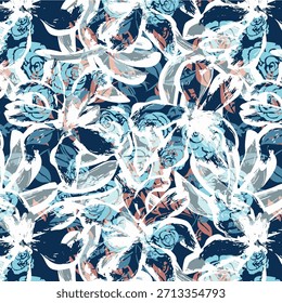 Digital flower abstract design featuring vibrant colors and fluid shapes, modern artistic floral pattern ideal for fabric printing, fashion textiles and surface designs.