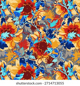 Diseño abstracto de flores digitales con colores vibrantes y Formas fluidas, patrón floral artístico moderno ideal para la impresión de telas, textiles de moda y diseños de superficies.