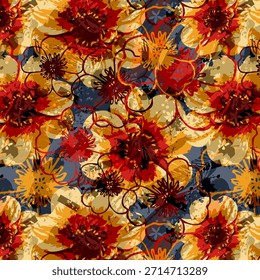 Diseño abstracto de flores digitales con colores vibrantes y Formas fluidas, patrón floral artístico moderno ideal para la impresión de telas, textiles de moda, decoración del hogar y diseños de superficies.