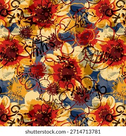 Digital flower abstract design featuring vibrant colors and fluid shapes, modern artistic floral pattern ideal for fabric printing, fashion textiles, home decor, and surface designs.