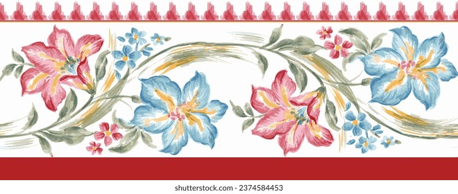 digital flower border. digital print design, textile print design, floral border design.