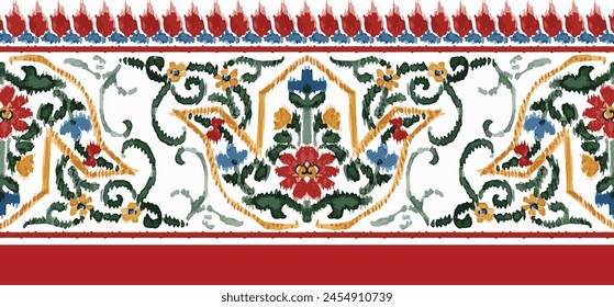 digital flower border. digital print design, textile print design, ikat, floral border design.