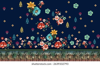 Digital flowers with border illustration design
