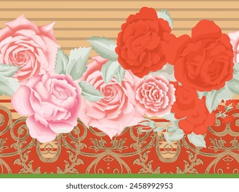 Digital Flowers Motif Design Watercolor Illustration. Design for Cover, Fabric, Textile, Wrapping paper Background Pattern